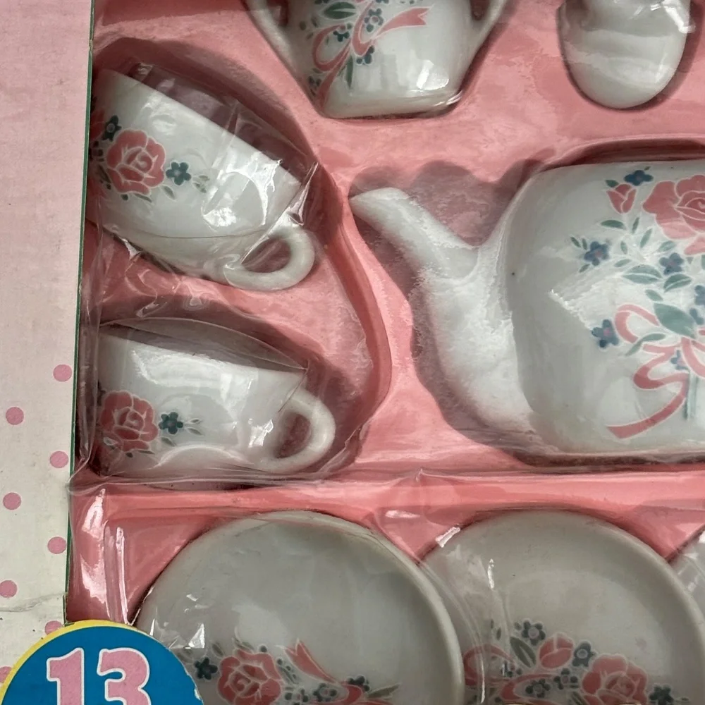 NIB VINTAGE 1998 Battat FLORAL TEA SET Play White Pink Rose Porcelain 13 pc NEW